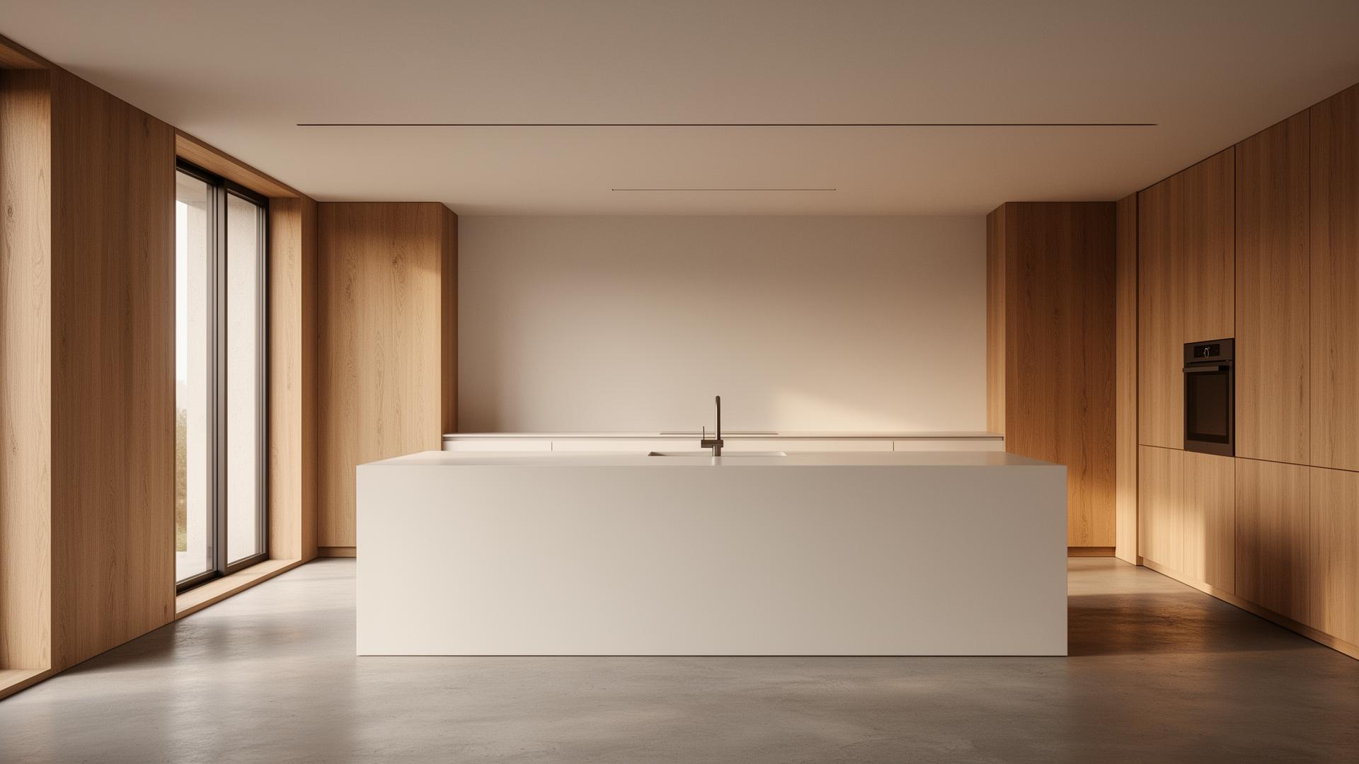 Luxury minimalist kitchen with seamless solid surface island